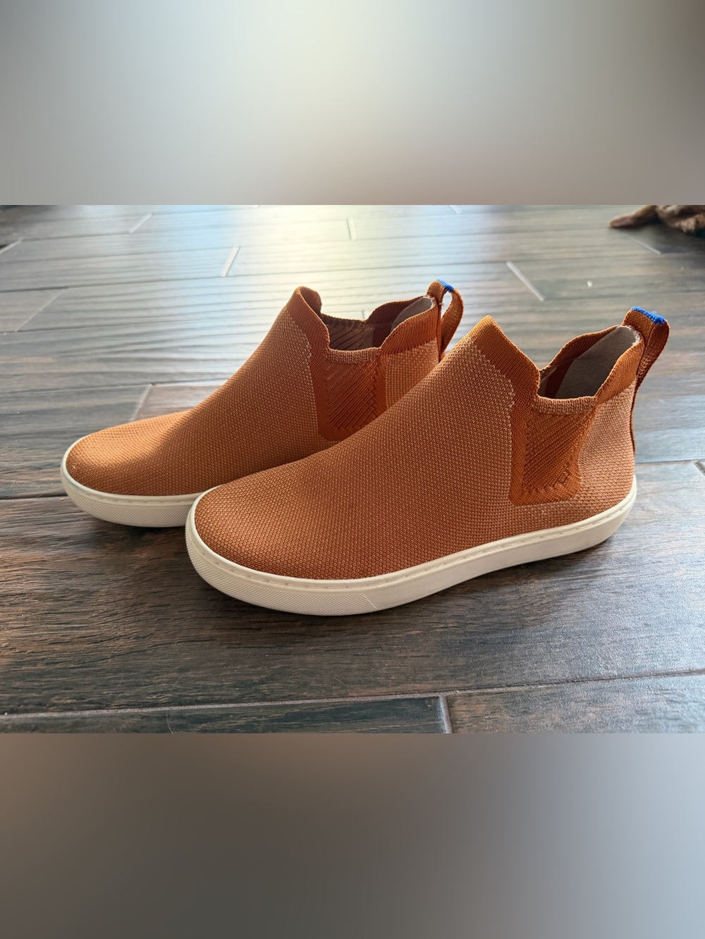 Rothy's The Chelsea fawn knit pull-on ankle boots 6.5 like new brown stretch